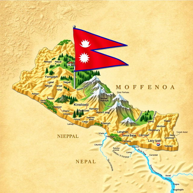 A detailed map of Nepal featuring various geographical landmarks, highlighting major cities and rivers