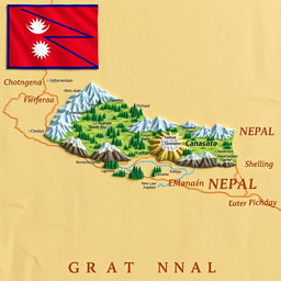 A detailed map of Nepal featuring various geographical landmarks, highlighting major cities and rivers