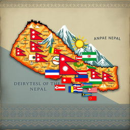 A detailed map of Nepal incorporating various national and regional flags artistically blended into the landscape