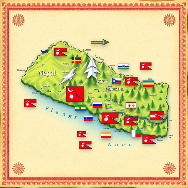 A detailed map of Nepal incorporating various national and regional flags artistically blended into the landscape