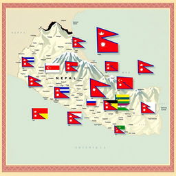 A detailed map of Nepal incorporating various national and regional flags artistically blended into the landscape