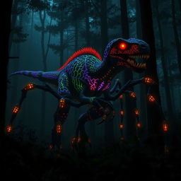An imposing hybrid velociraptor with eight long, spider-like legs, prowling through a dark and mysterious forest