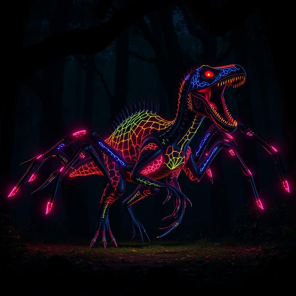 An imposing hybrid velociraptor with eight long, spider-like legs, prowling through a dark and mysterious forest