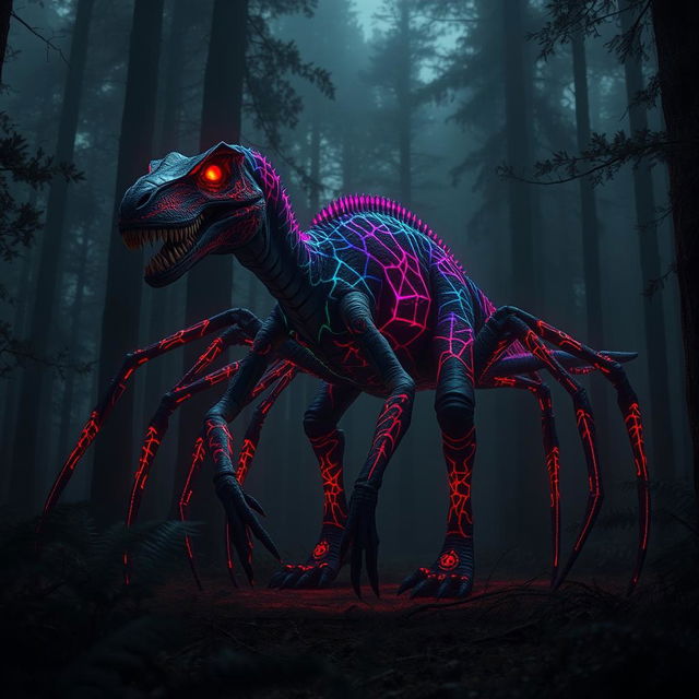 An imposing hybrid velociraptor with eight long, spider-like legs, prowling through a dark and mysterious forest