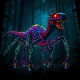 An imposing hybrid velociraptor with eight long, spider-like legs, prowling through a dark and mysterious forest