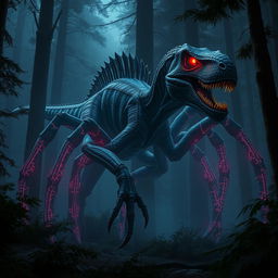 A massive hybrid velociraptor with eight elongated spider legs, stealthily prowling through a dark and mysterious forest