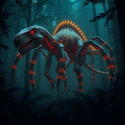 A massive hybrid velociraptor with eight elongated spider legs, stealthily prowling through a dark and mysterious forest