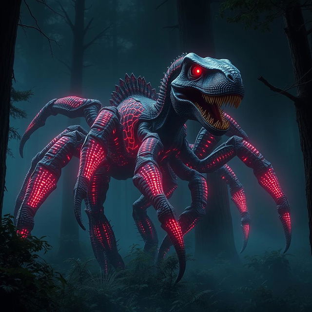 A massive hybrid velociraptor with eight elongated spider legs, stealthily prowling through a dark and mysterious forest