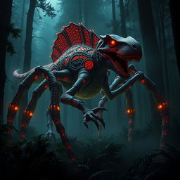 A massive hybrid velociraptor with eight elongated spider legs, stealthily prowling through a dark and mysterious forest