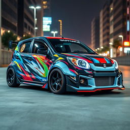 A modified Suzuki Alto with a widebody kit, showcasing a sporty and aggressive design