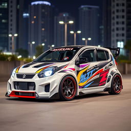 A modified Suzuki Alto with a widebody kit, showcasing a sporty and aggressive design