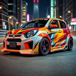 A modified Suzuki Alto with a widebody kit, showcasing a sporty and aggressive design