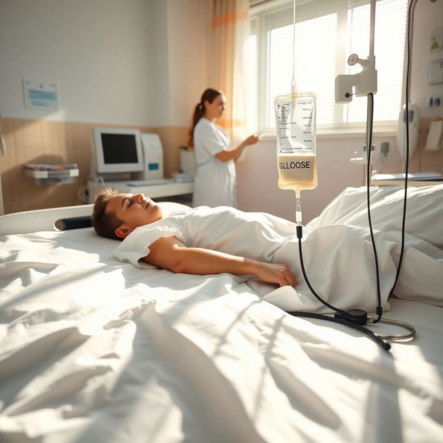 A hospital room scene featuring a patient lying on a hospital bed, connected to a glucose IV drip