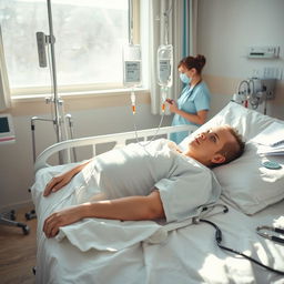 A hospital room scene featuring a patient lying on a hospital bed, connected to a glucose IV drip