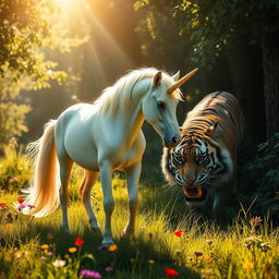 A majestic mythical unicorn gracefully grazing in a sunlit meadow, with its shimmering golden horn glowing brilliantly in the light