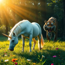 A majestic mythical unicorn gracefully grazing in a sunlit meadow, with its shimmering golden horn glowing brilliantly in the light