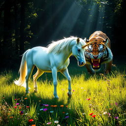 A majestic mythical unicorn gracefully grazing in a sunlit meadow, with its shimmering golden horn glowing brilliantly in the light
