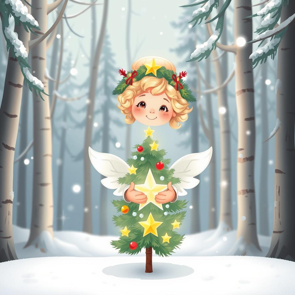 A charming cartoon illustration set in a winter wonderland with a light background showcasing a snow-covered forest