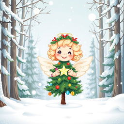 A charming cartoon illustration set in a winter wonderland with a light background showcasing a snow-covered forest