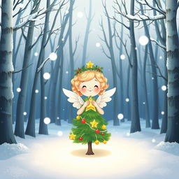 A charming cartoon illustration set in a winter wonderland with a light background showcasing a snow-covered forest