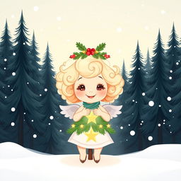 A charming cartoon illustration set in a winter wonderland with a light background showcasing a snow-covered forest