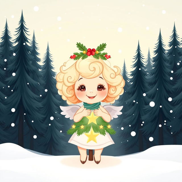 A charming cartoon illustration set in a winter wonderland with a light background showcasing a snow-covered forest