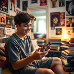 A college boy in his messy bedroom, sitting on his bed with a joyful smile as he looks at his mobile phone