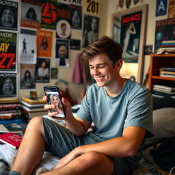 A college boy in his messy bedroom, sitting on his bed with a joyful smile as he looks at his mobile phone
