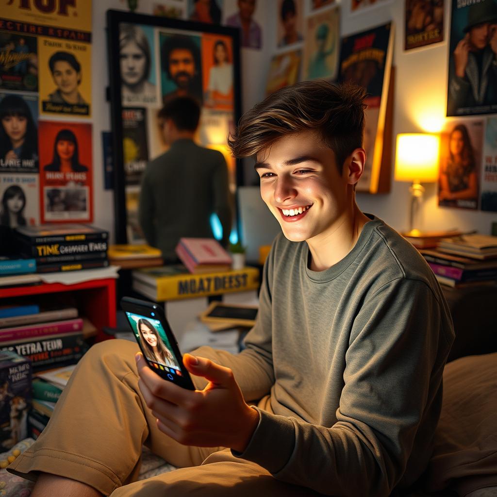 A college boy in his messy bedroom, sitting on his bed with a joyful smile as he looks at his mobile phone