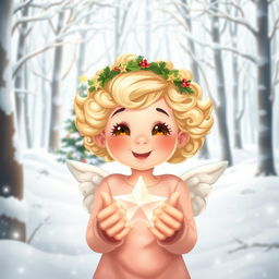 A beautiful illustration in a cartoon style depicting a tranquil winter scene with a light background