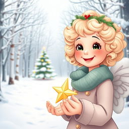 A beautiful illustration in a cartoon style depicting a tranquil winter scene with a light background