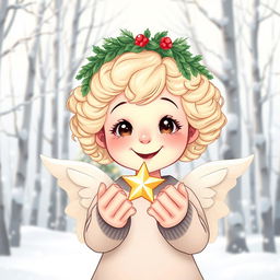 A beautiful illustration in a cartoon style depicting a tranquil winter scene with a light background