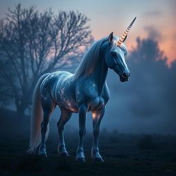 A majestic hybrid unicorn standing proudly in a misty clearing at twilight, showcasing its stunning shimmering fur that glows softly against the dim light