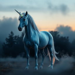 A majestic hybrid unicorn standing proudly in a misty clearing at twilight, showcasing its stunning shimmering fur that glows softly against the dim light