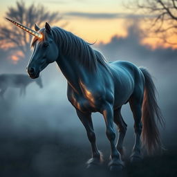 A majestic hybrid unicorn standing proudly in a misty clearing at twilight, showcasing its stunning shimmering fur that glows softly against the dim light