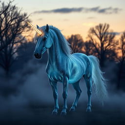 A majestic hybrid unicorn standing proudly in a misty clearing at twilight, showcasing its stunning shimmering fur that glows softly against the dim light