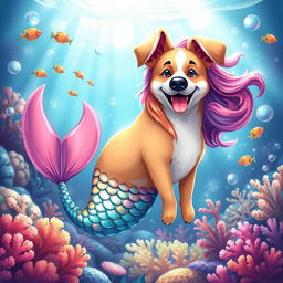A whimsical and enchanting illustration of a dog transformed into a mermaid, featuring a glossy, colorful mermaid tail that shimmers with iridescent scales