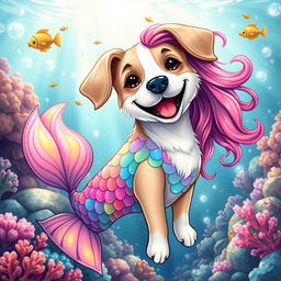 A whimsical and enchanting illustration of a dog transformed into a mermaid, featuring a glossy, colorful mermaid tail that shimmers with iridescent scales