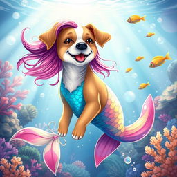 A whimsical and enchanting illustration of a dog transformed into a mermaid, featuring a glossy, colorful mermaid tail that shimmers with iridescent scales