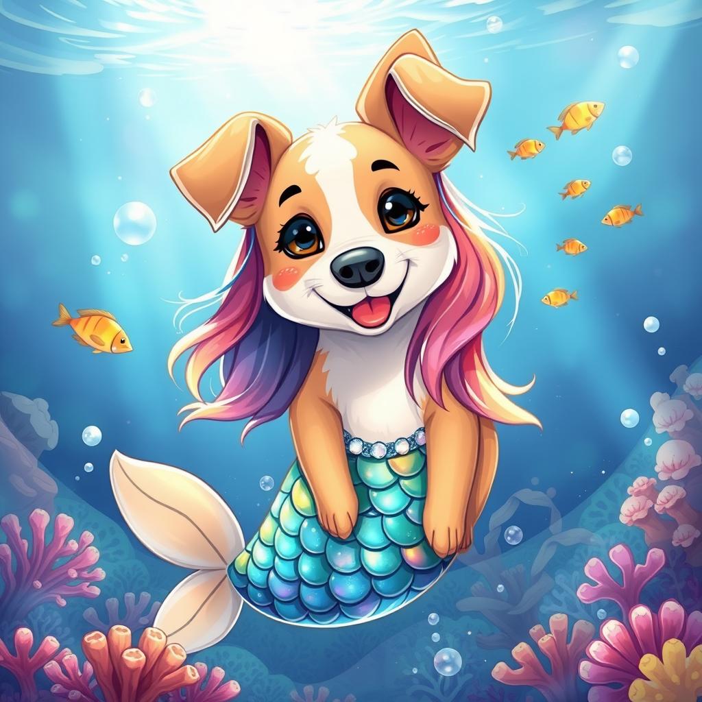 A whimsical and enchanting illustration of a dog transformed into a mermaid, featuring a glossy, colorful mermaid tail that shimmers with iridescent scales