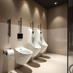 A modern restroom featuring innovative women's urinals designed for comfort and practicality
