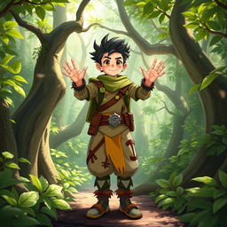 Shen Ricky ZB1, a fictional character, standing confidently in an enchanting forest