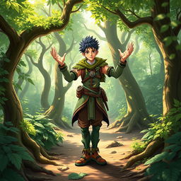 Shen Ricky ZB1, a fictional character, standing confidently in an enchanting forest