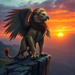 A fantastical animal hybrid that combines features of a lion and an eagle, showcasing the majestic mane of the lion and the wings of an eagle