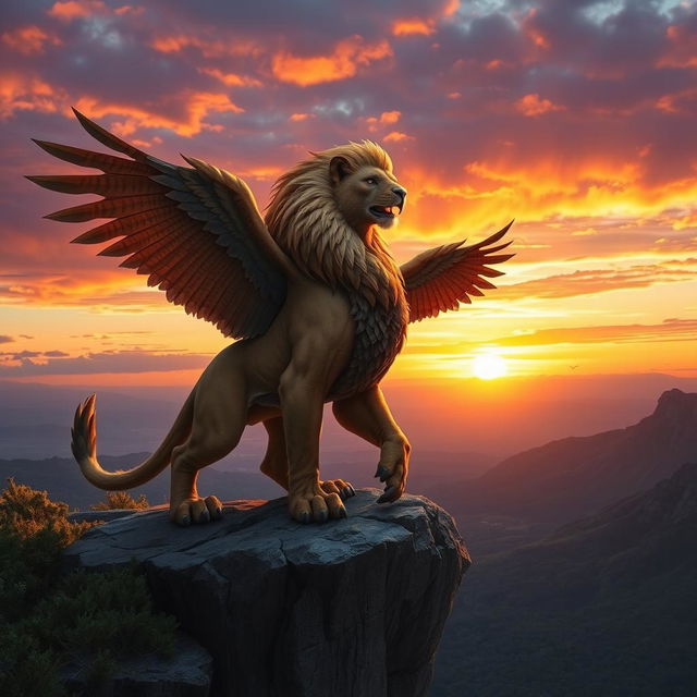 A fantastical animal hybrid that combines features of a lion and an eagle, showcasing the majestic mane of the lion and the wings of an eagle