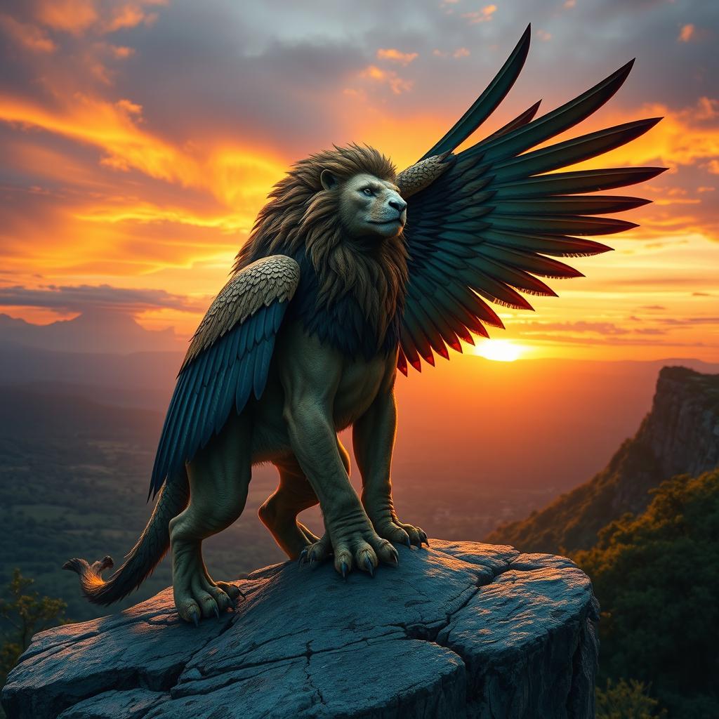 A fantastical animal hybrid that combines features of a lion and an eagle, showcasing the majestic mane of the lion and the wings of an eagle