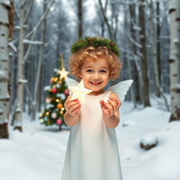 A picturesque winter scene set in a snow-covered forest, with a light background