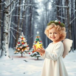 A picturesque winter scene set in a snow-covered forest, with a light background