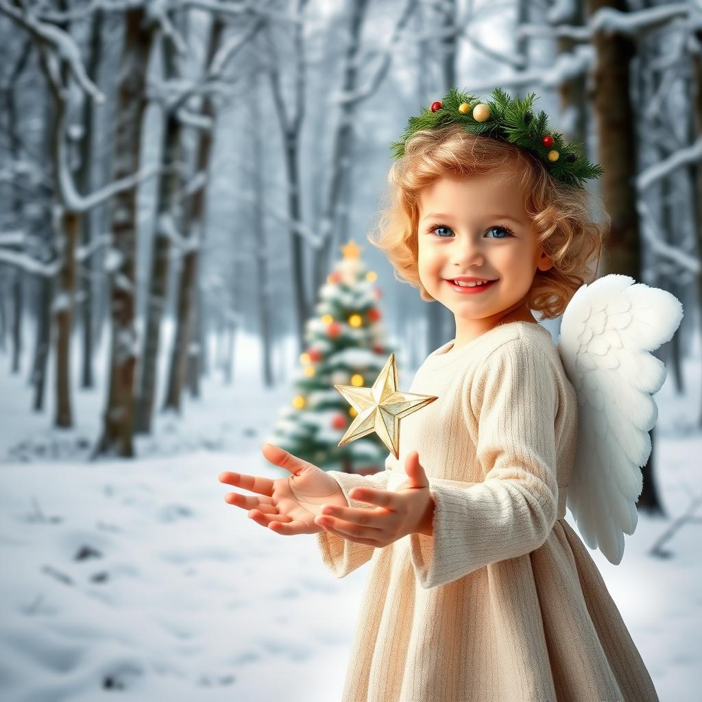 A picturesque winter scene set in a snow-covered forest, with a light background