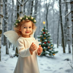 A picturesque winter scene set in a snow-covered forest, with a light background